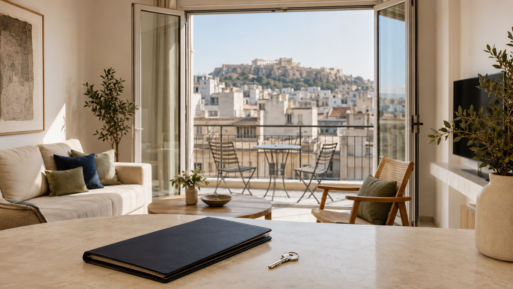 Athens apartment overlooking the Acropolis with property documents and key